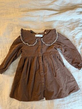 Zara Girls Brown Button-Front Dress with Ruffle Collar Trim